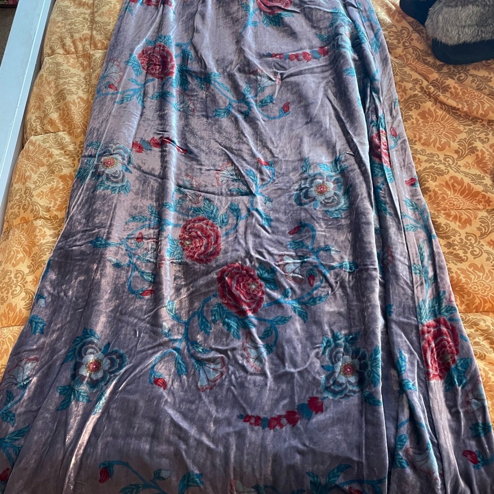 Johnny Was Velvet Maxi Skirt in a Gray Purple and Blue Floral